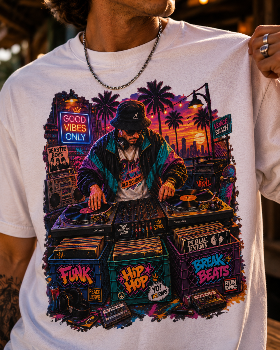 Old School Hip Hop DJ Retro Graphic T-Shirt, Vinyl, Funk & Break Beats, Streetwear Tee, DJ at Sunset, Turntables, Synthwave Cityscape