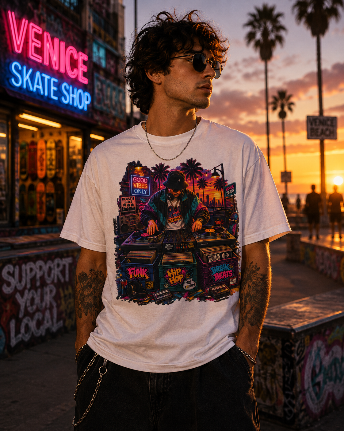 Old School Hip Hop DJ Retro Graphic T-Shirt, Vinyl, Funk & Break Beats, Streetwear Tee, DJ at Sunset, Turntables, Synthwave Cityscape