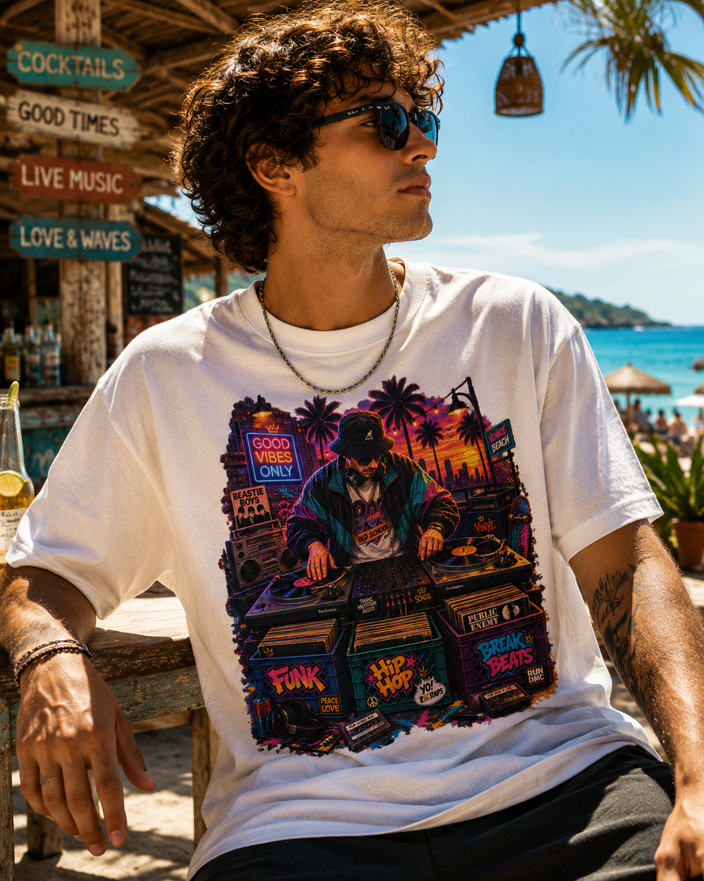 Old School Hip Hop DJ Retro Graphic T-Shirt, Vinyl, Funk & Break Beats, Streetwear Tee, DJ at Sunset, Turntables, Synthwave Cityscape