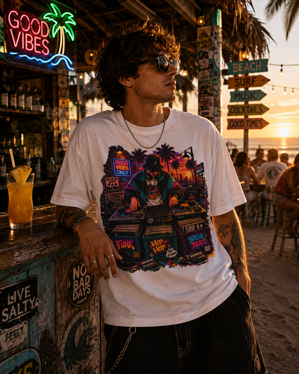 Old School Hip Hop DJ Retro Graphic T-Shirt, Vinyl, Funk & Break Beats, Streetwear Tee, DJ at Sunset, Turntables, Synthwave Cityscape
