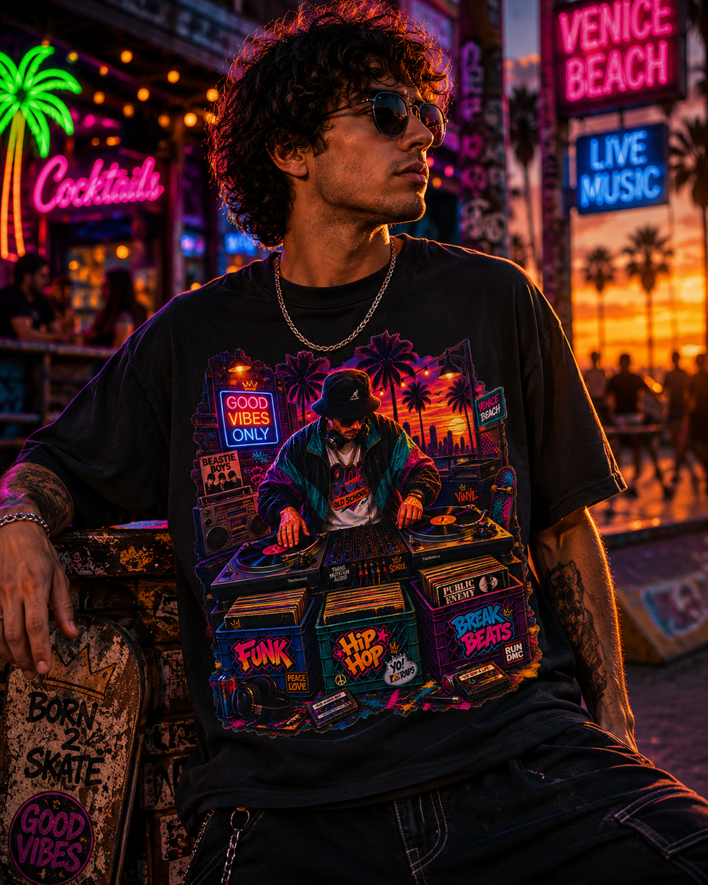 Old School Hip Hop DJ Retro Graphic T-Shirt, Vinyl, Funk & Break Beats, Streetwear Tee, DJ at Sunset, Turntables, Synthwave Cityscape