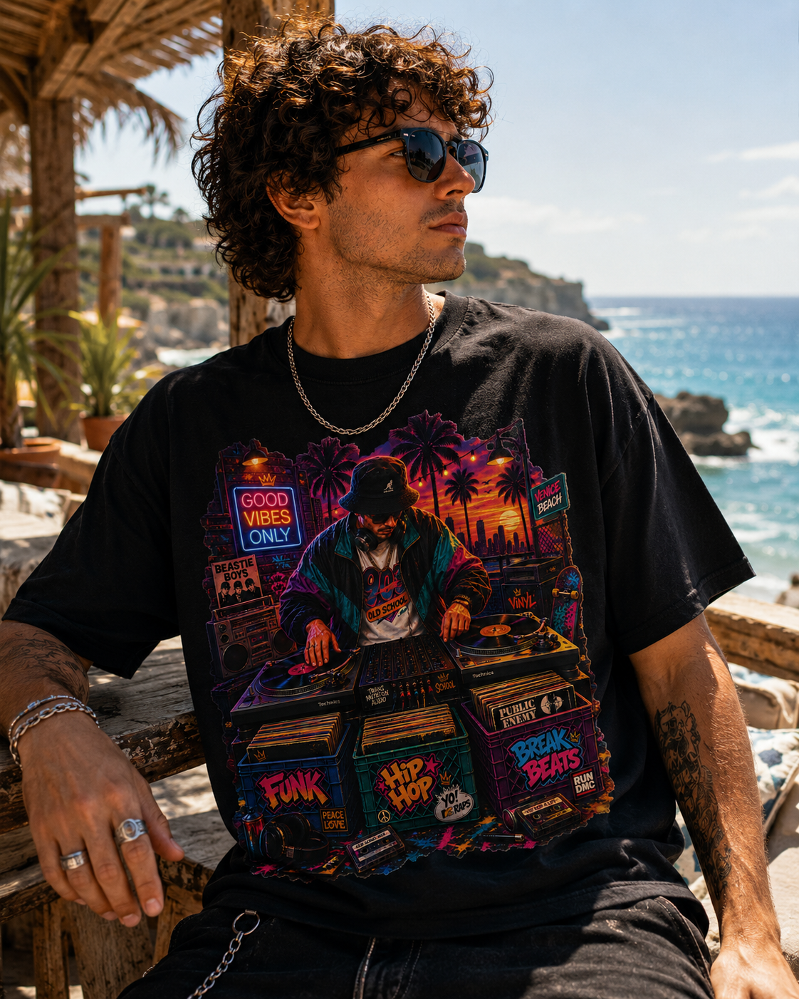 Old School Hip Hop DJ Retro Graphic T-Shirt, Vinyl, Funk & Break Beats, Streetwear Tee, DJ at Sunset, Turntables, Synthwave Cityscape
