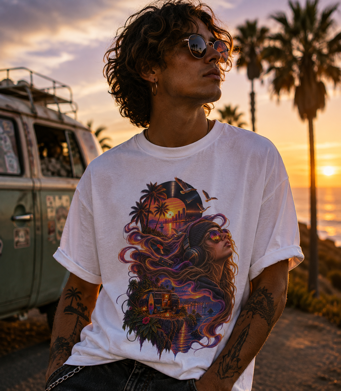Sunset Frequencies Retro Music T-Shirt – Vintage Vinyl Headphones Beach Sunset Graphic Tee – Transmutation Audio