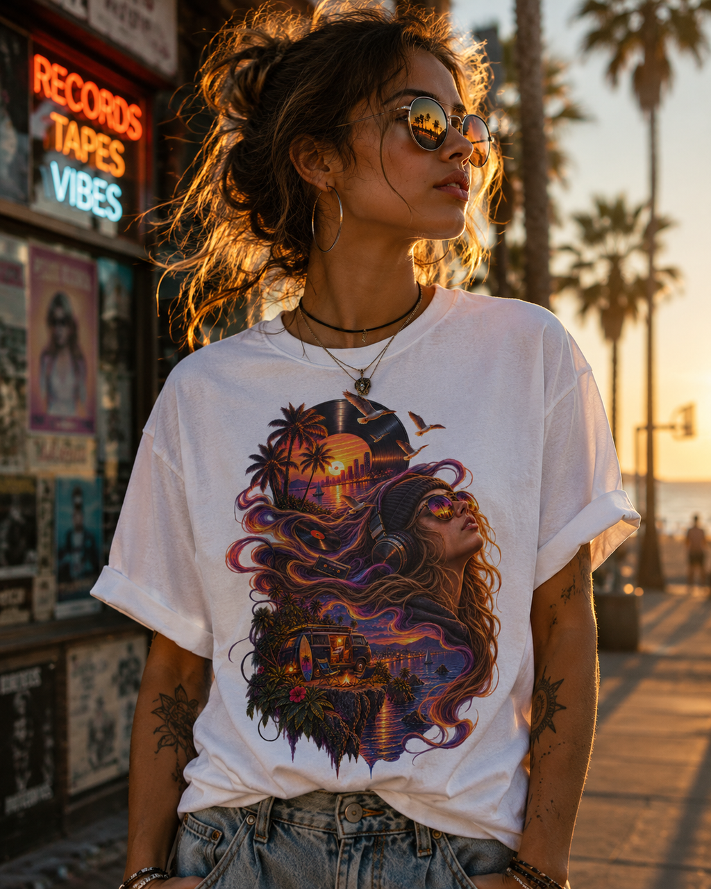 Sunset Frequencies Retro Music T-Shirt – Vintage Vinyl Headphones Beach Sunset Graphic Tee – Transmutation Audio