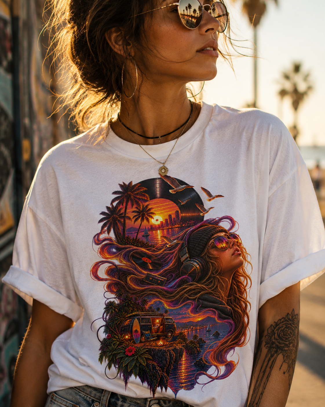 Sunset Frequencies Retro Music T-Shirt – Vintage Vinyl Headphones Beach Sunset Graphic Tee – Transmutation Audio
