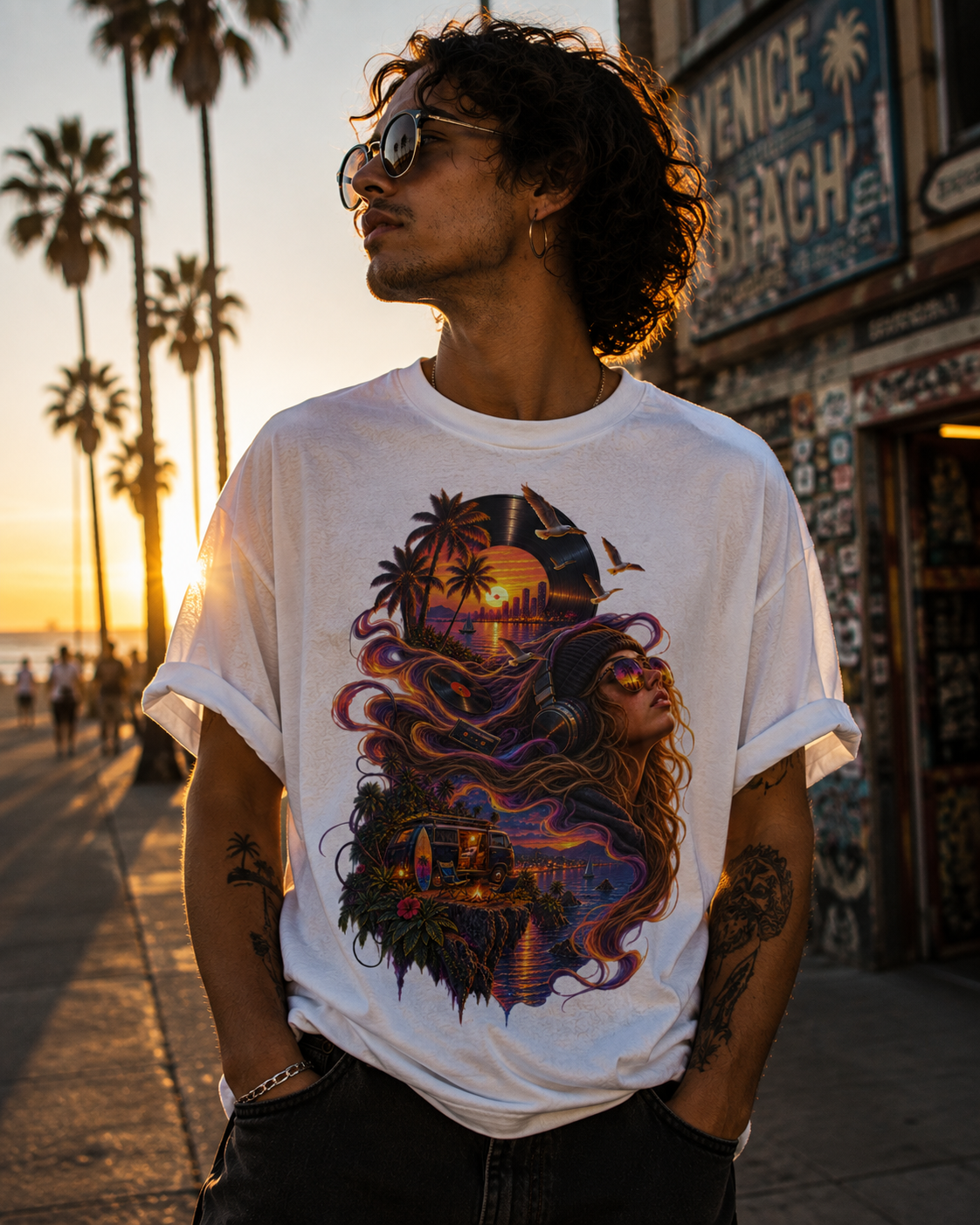 Sunset Frequencies Retro Music T-Shirt – Vintage Vinyl Headphones Beach Sunset Graphic Tee – Transmutation Audio