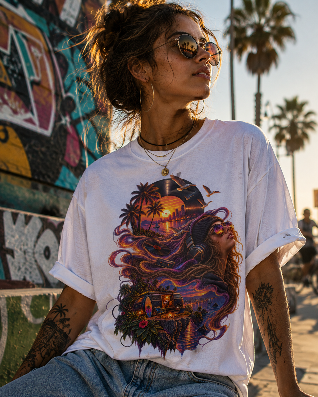Sunset Frequencies Retro Music T-Shirt – Vintage Vinyl Headphones Beach Sunset Graphic Tee – Transmutation Audio