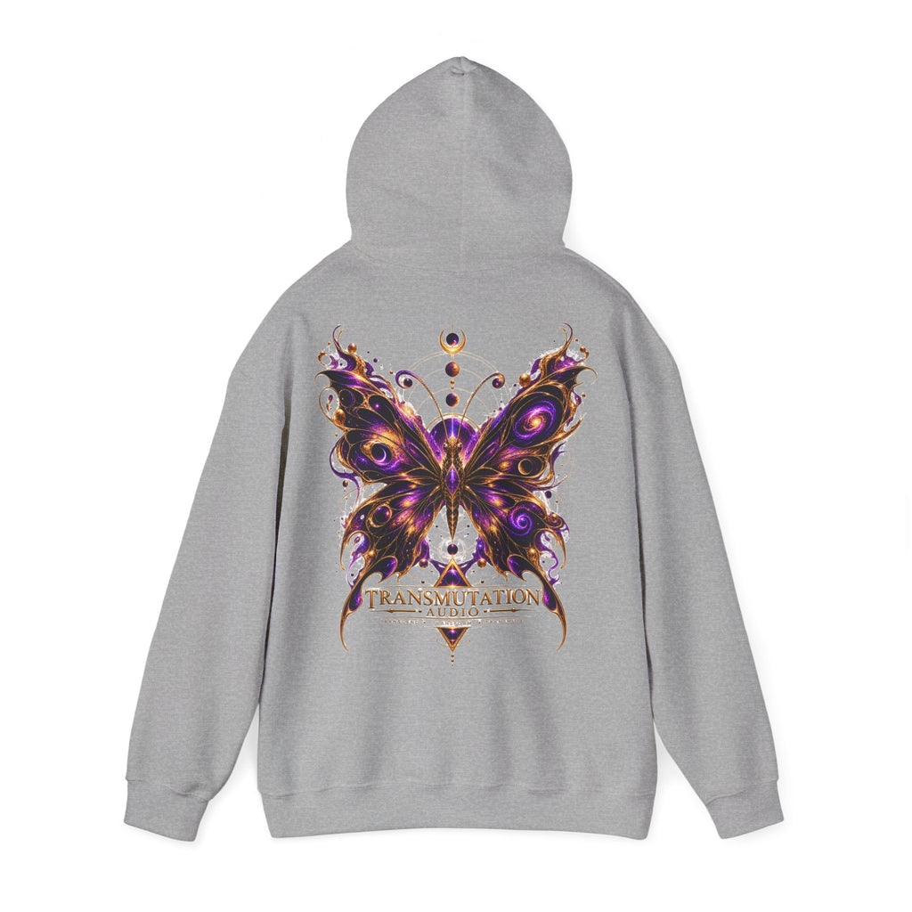 Transmutation Audio Butterfly Hoodie — Psychedelic Purple Metamorphosis Sweatshirt