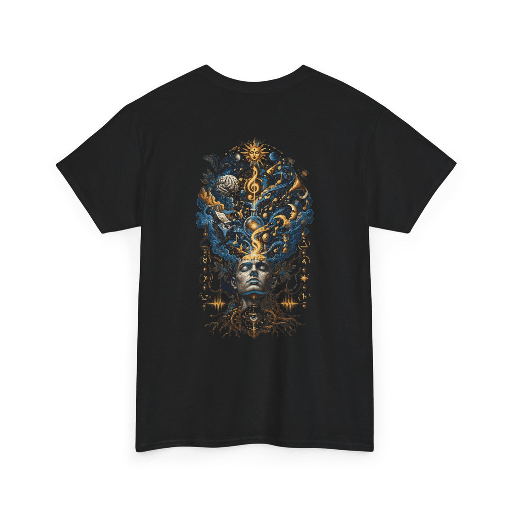 Mystic Oracle Graphic Tee — Surreal Blue & Gold Headdress Back Print