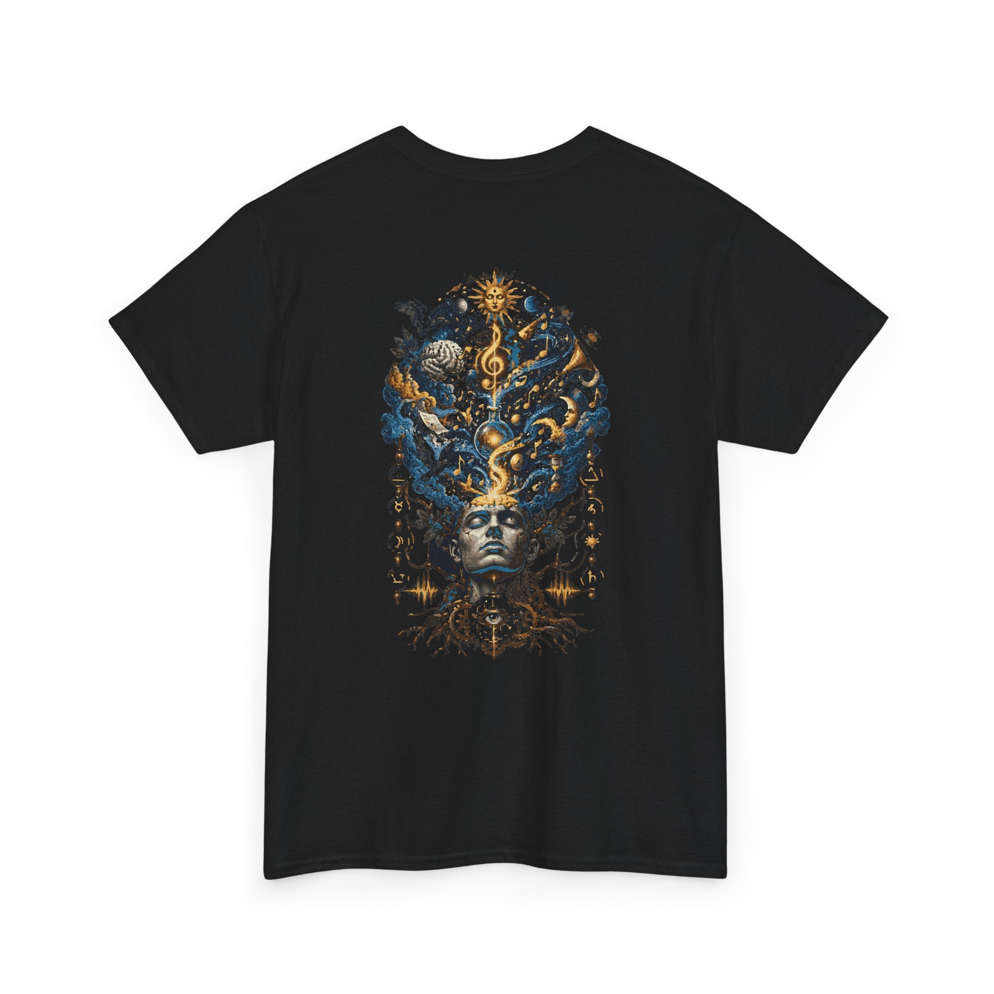 Mystic Oracle Graphic Tee — Surreal Blue & Gold Headdress Back Print