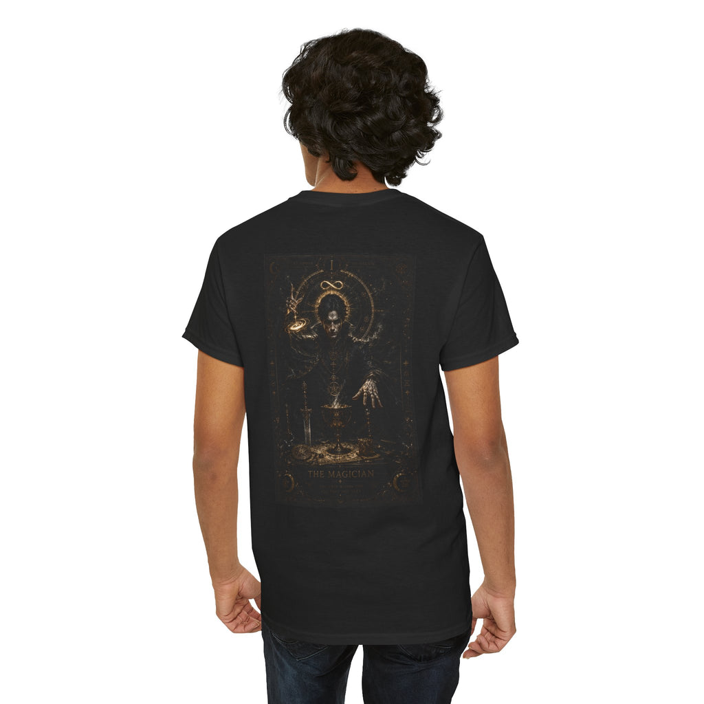 Occult Alchemist Graphic Tee — Dark Gothic Backprint with Gold Sigils