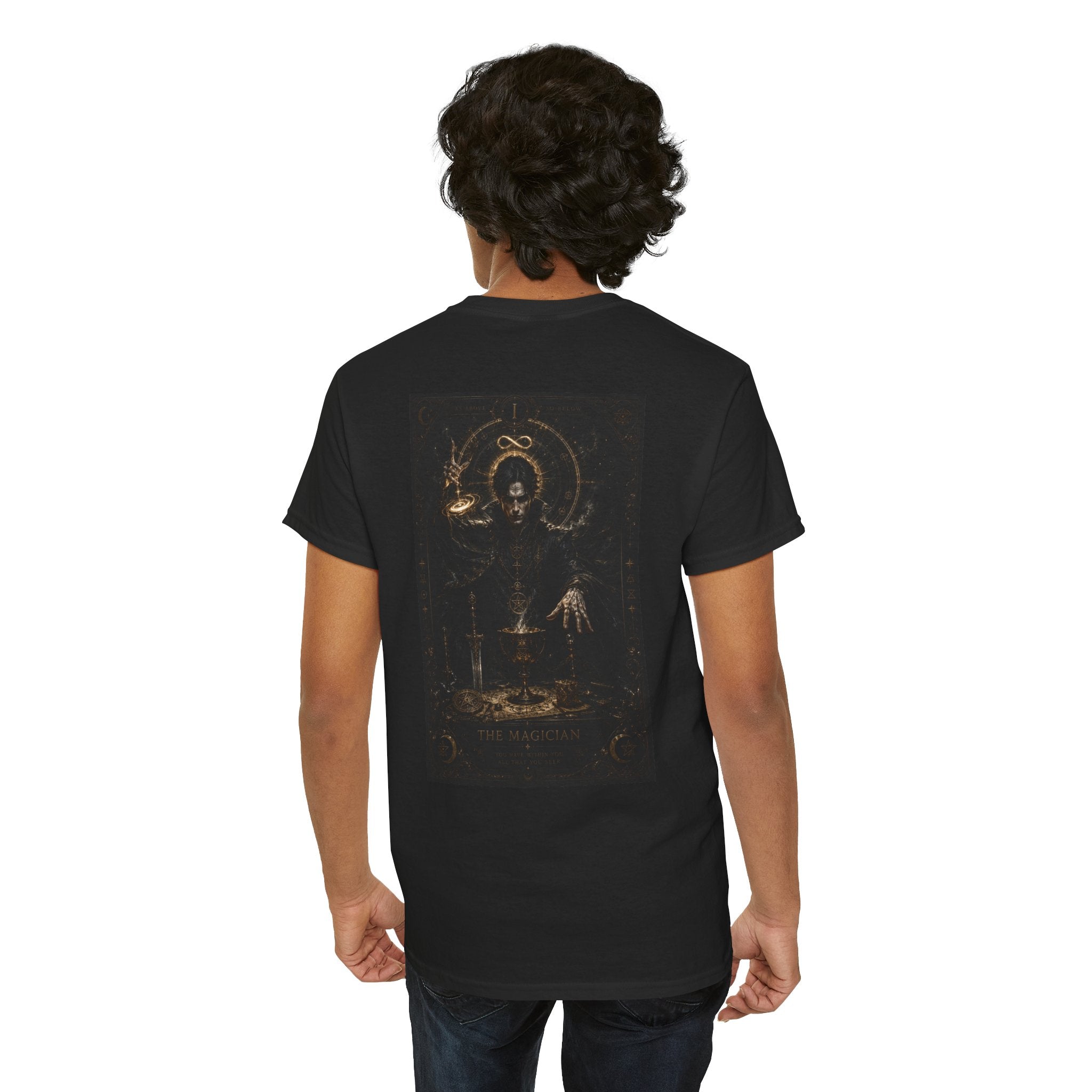 Occult Alchemist Graphic Tee — Dark Gothic Backprint with Gold Sigils