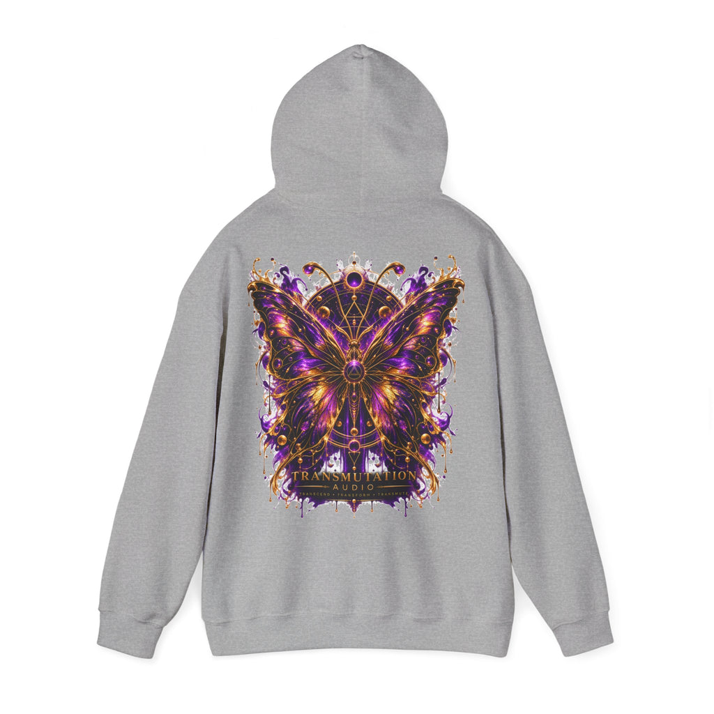 Transformation Butterfly Hoodie — Purple Gold Metamorphosis Graphic Hoodie