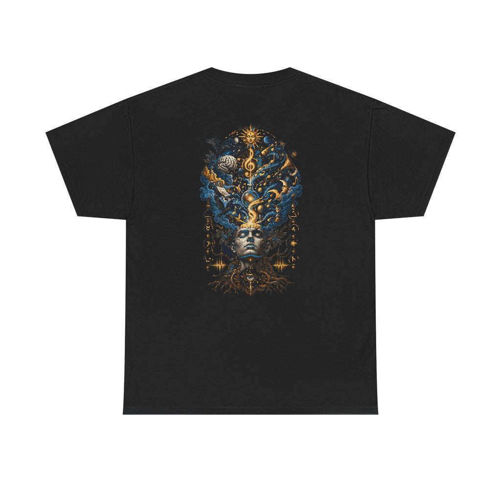 Mystic Oracle Graphic Tee — Surreal Blue & Gold Headdress Back Print