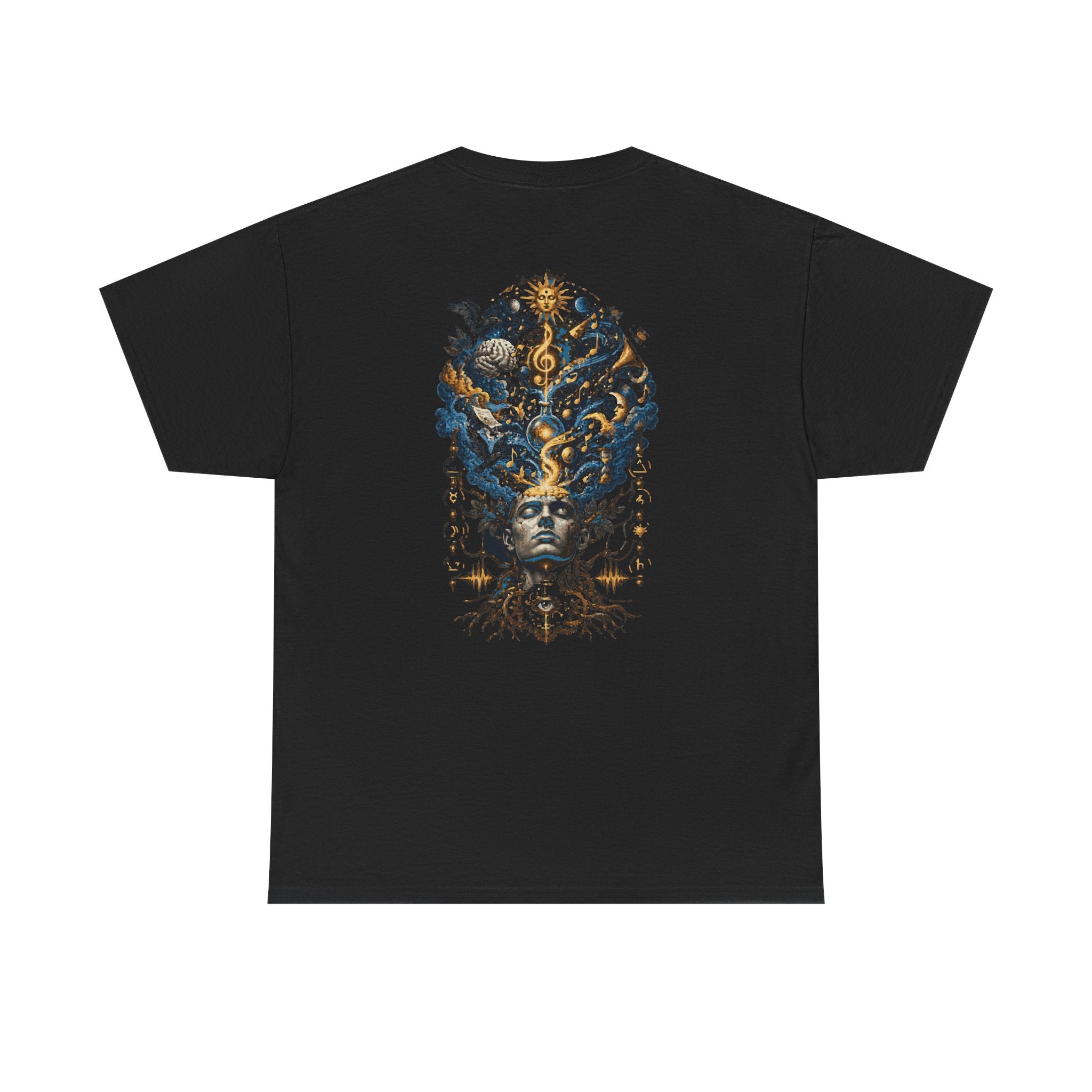 Mystic Oracle Graphic Tee — Surreal Blue & Gold Headdress Back Print