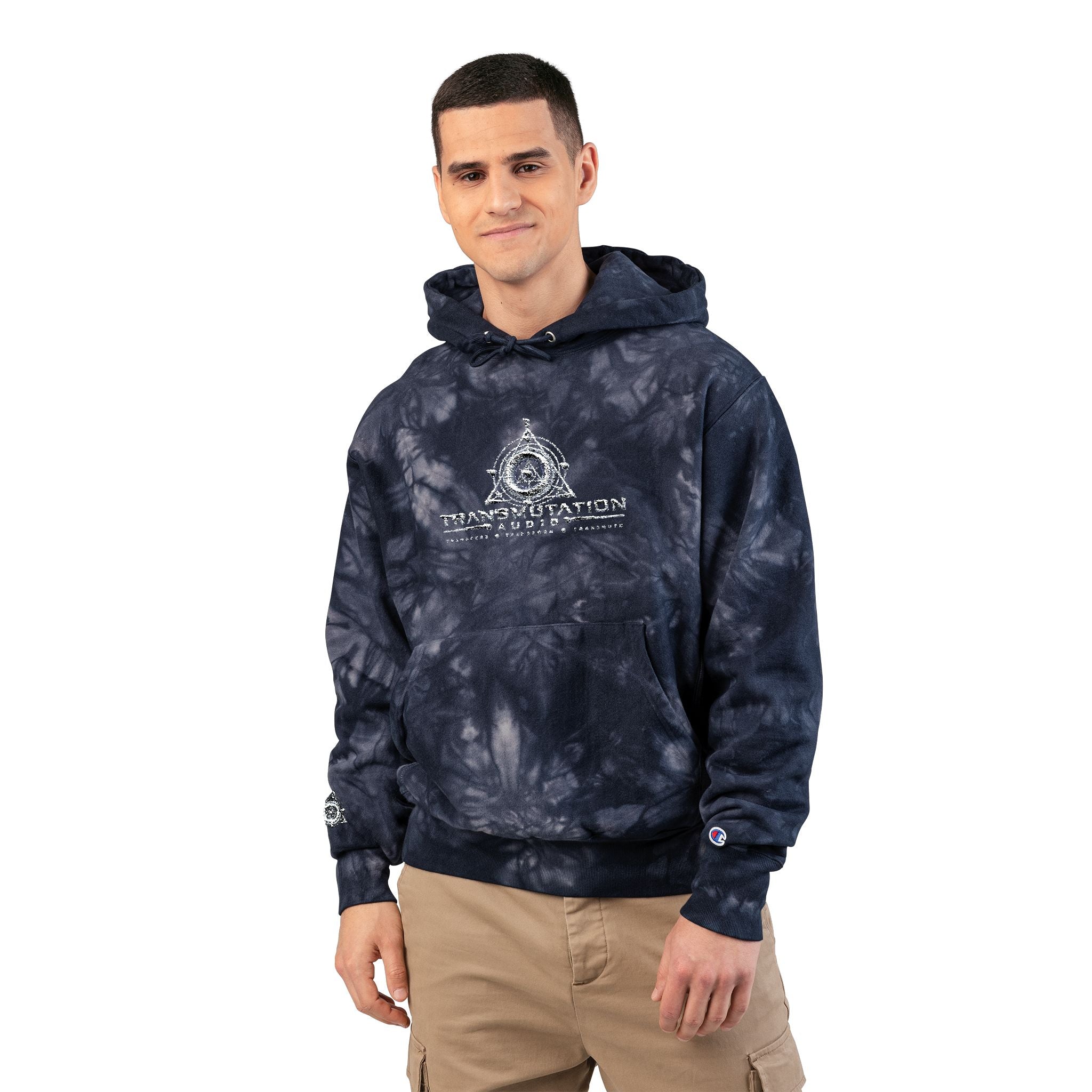Tie-Dye Embroidered Hoodie — Black Champion-Style with Graphic Logo