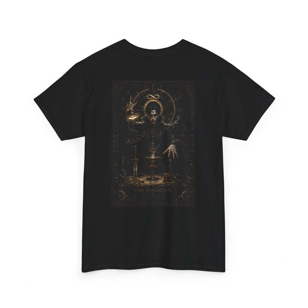 Occult Alchemist Graphic Tee — Dark Gothic Backprint with Gold Sigils