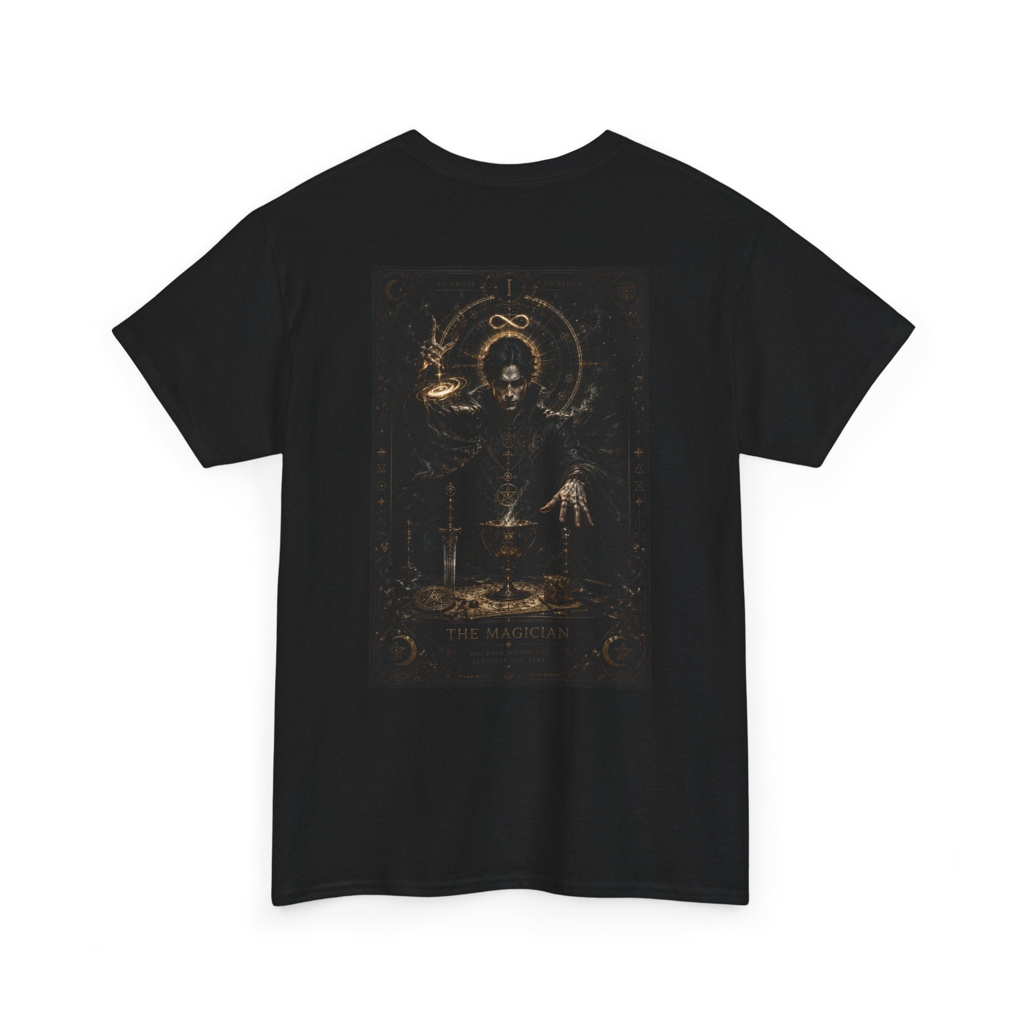 Occult Alchemist Graphic Tee — Dark Gothic Backprint with Gold Sigils
