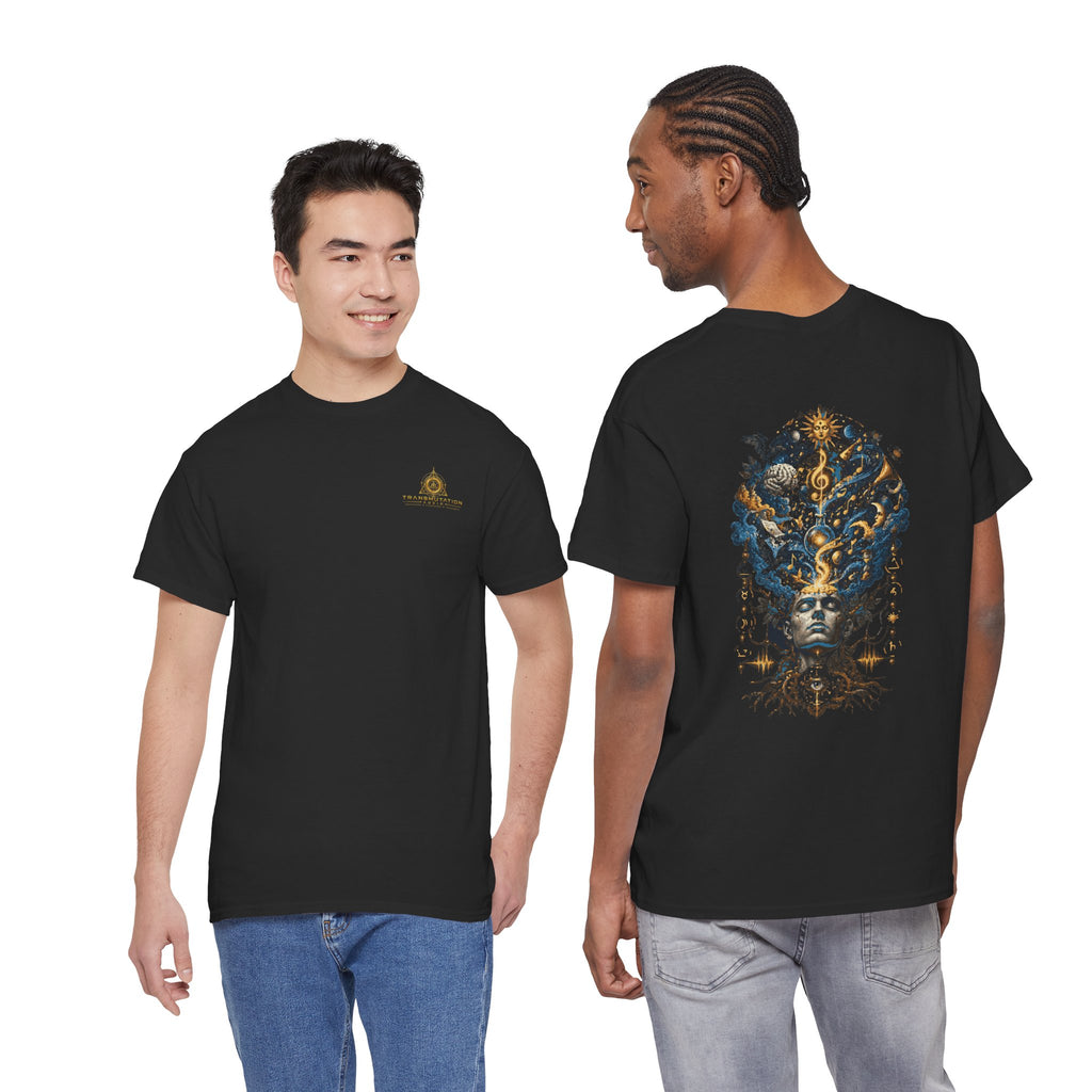 Mystic Oracle Graphic Tee — Surreal Blue & Gold Headdress Back Print