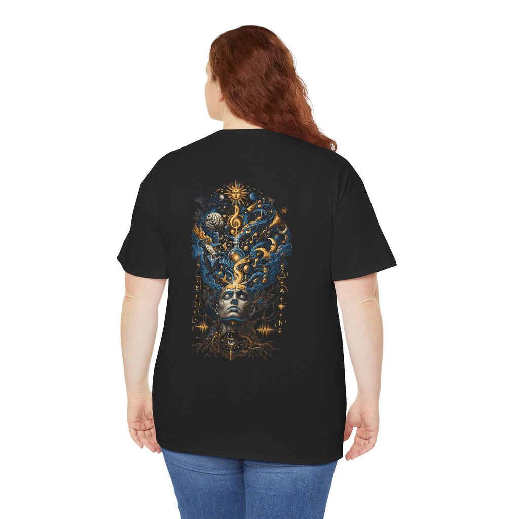 Mystic Oracle Graphic Tee — Surreal Blue & Gold Headdress Back Print