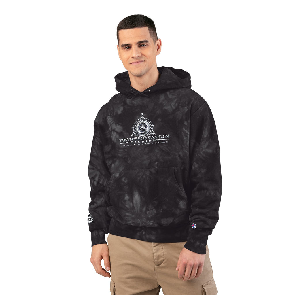 Tie-Dye Embroidered Hoodie — Black Champion-Style with Graphic Logo