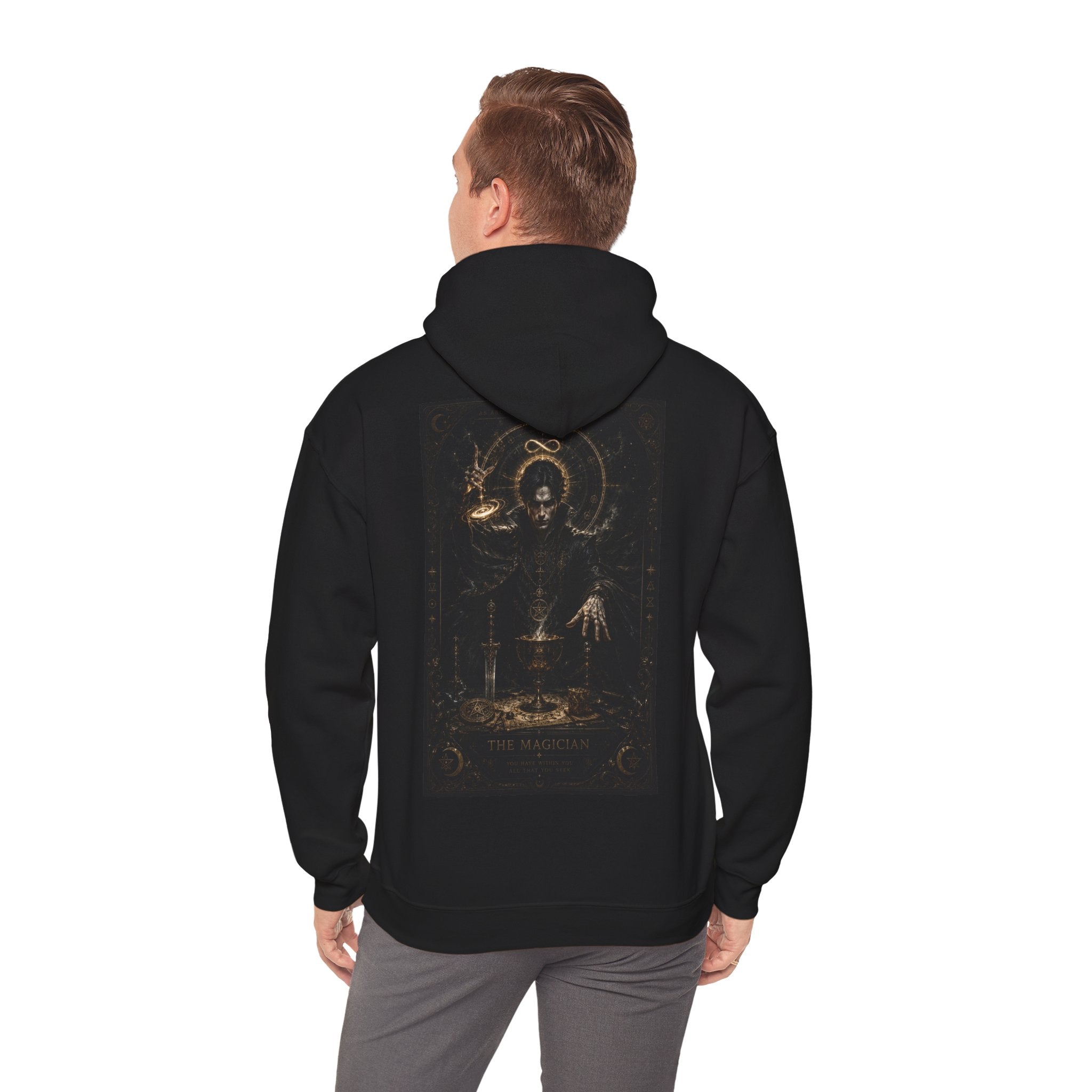 Occult Alchemist Hoodie — Mystical Gold Tarot-Style Backprint