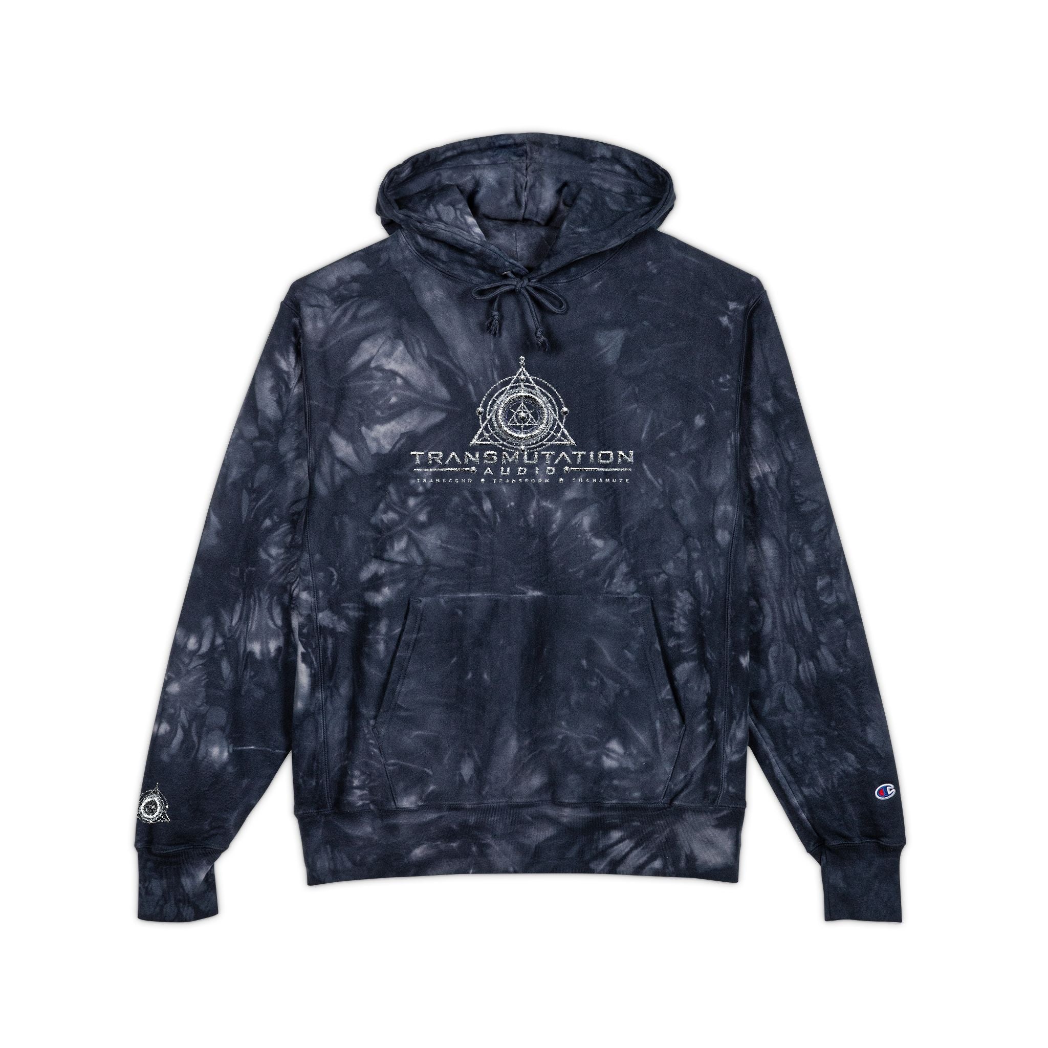 Tie-Dye Embroidered Hoodie — Black Champion-Style with Graphic Logo