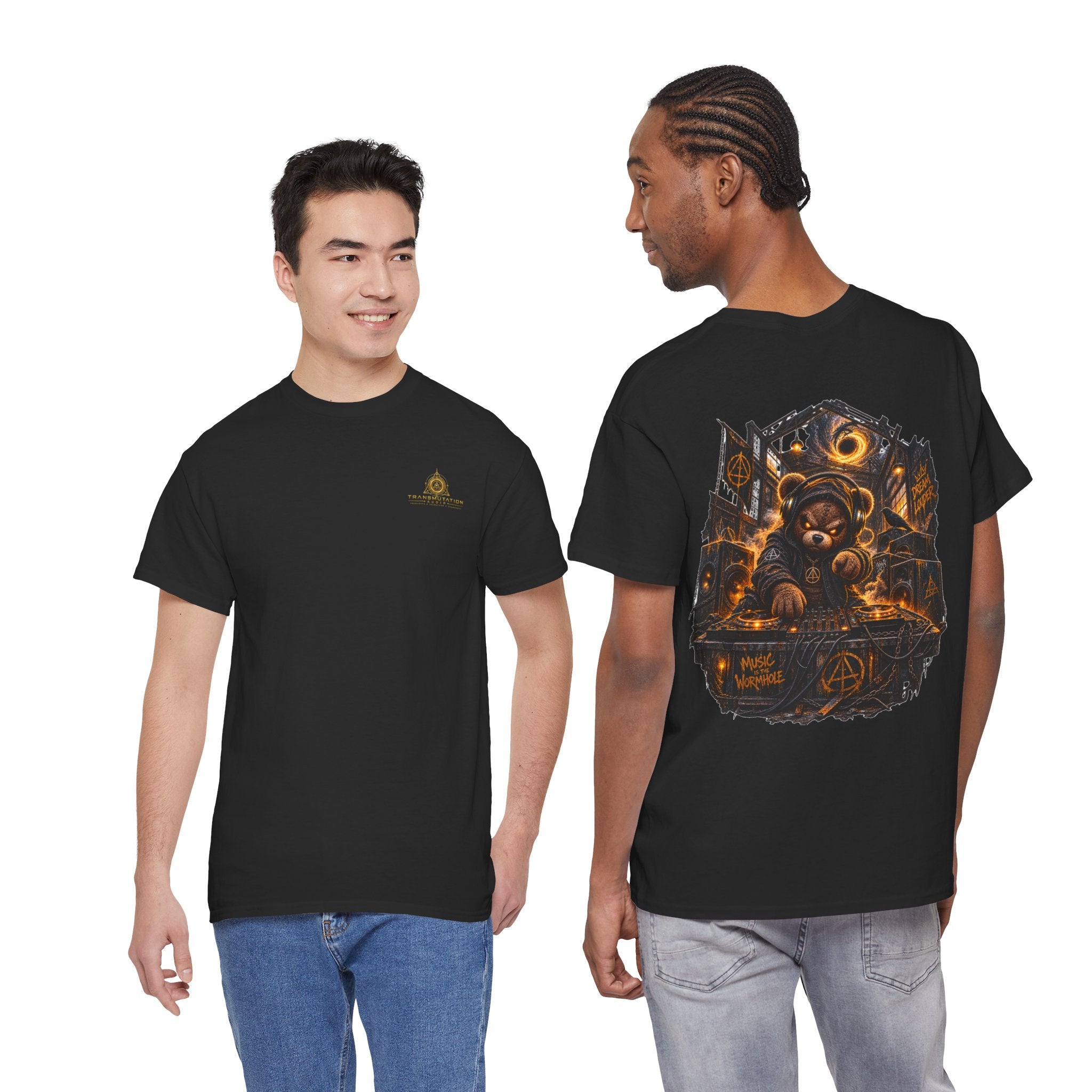 Graphic Tee — Dark Teddy Bear Night Scene with 'Little Monster' Back Print