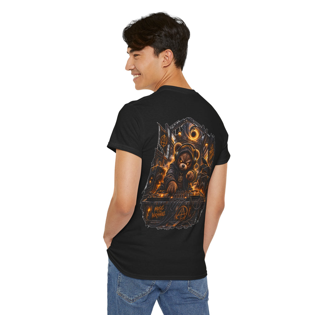 Graphic Tee — Dark Teddy Bear Night Scene with 'Little Monster' Back Print