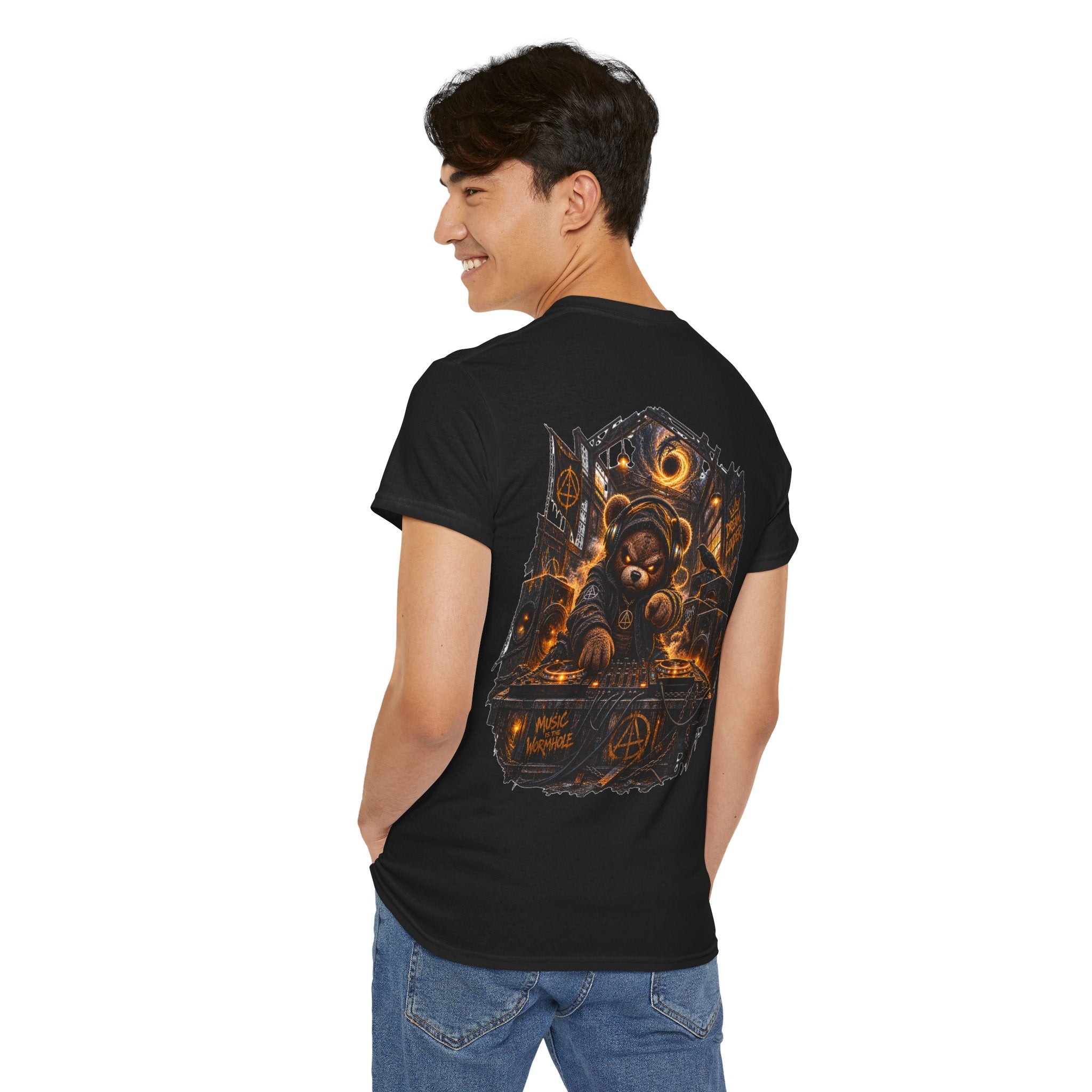 Graphic Tee — Dark Teddy Bear Night Scene with 'Little Monster' Back Print