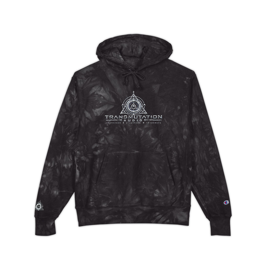 Tie-Dye Embroidered Hoodie — Black Champion-Style with Graphic Logo