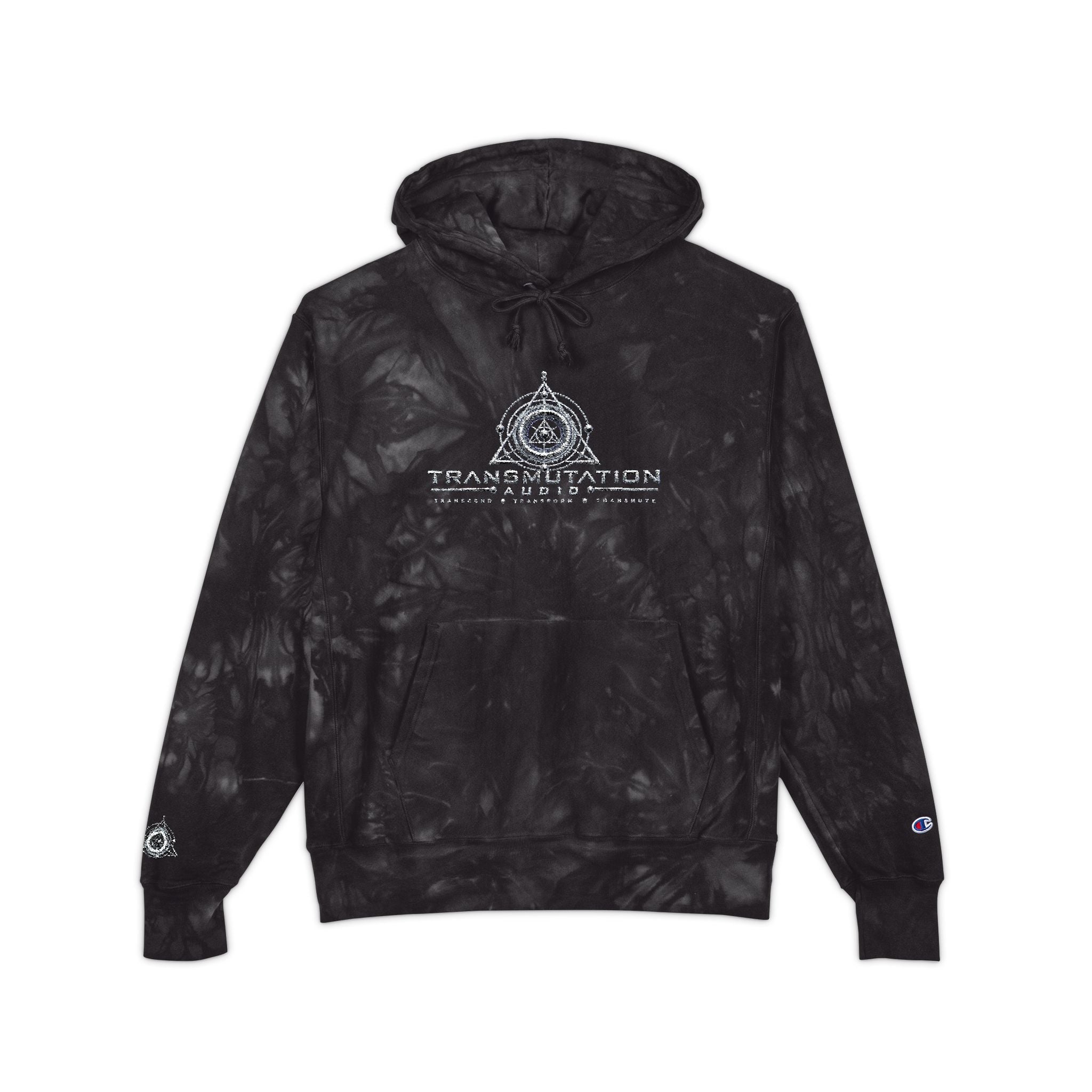 Tie-Dye Embroidered Hoodie — Black Champion-Style with Graphic Logo