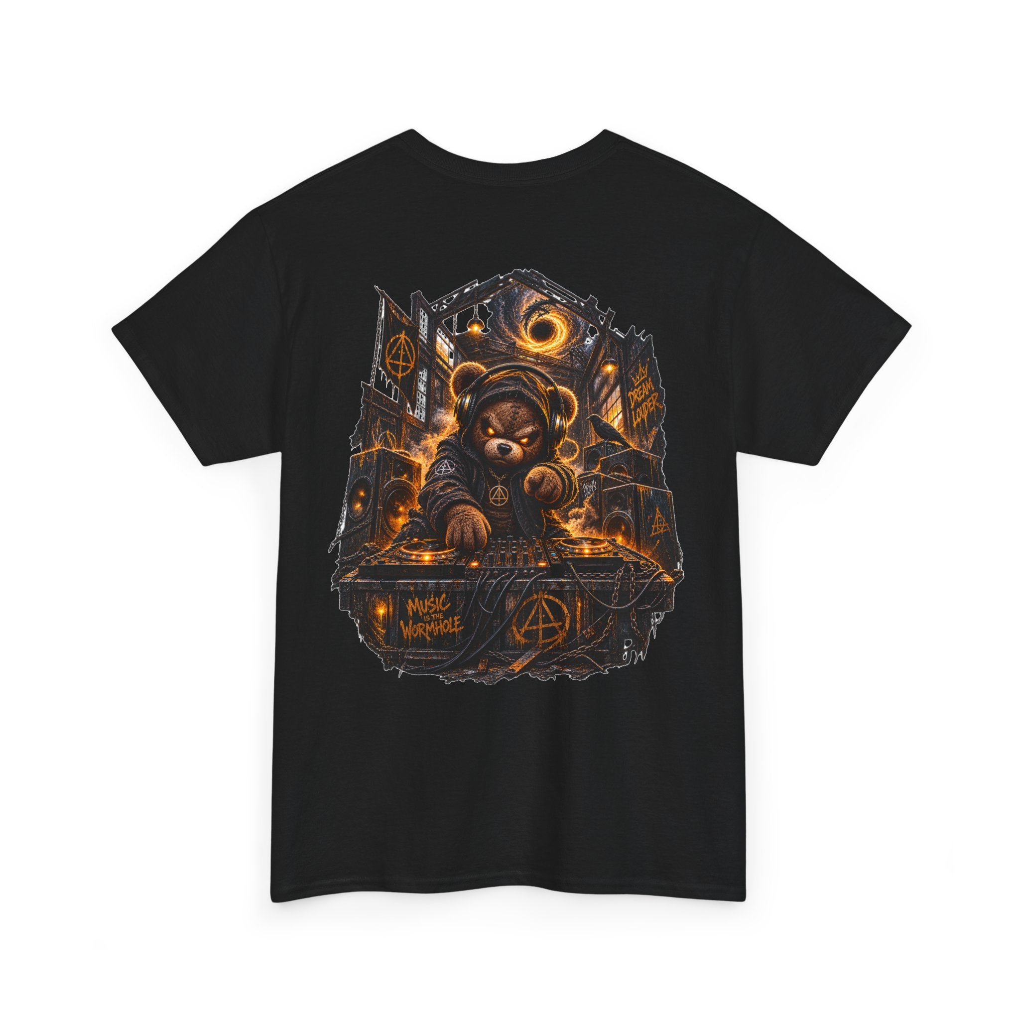 Graphic Tee — Dark Teddy Bear Night Scene with 'Little Monster' Back Print