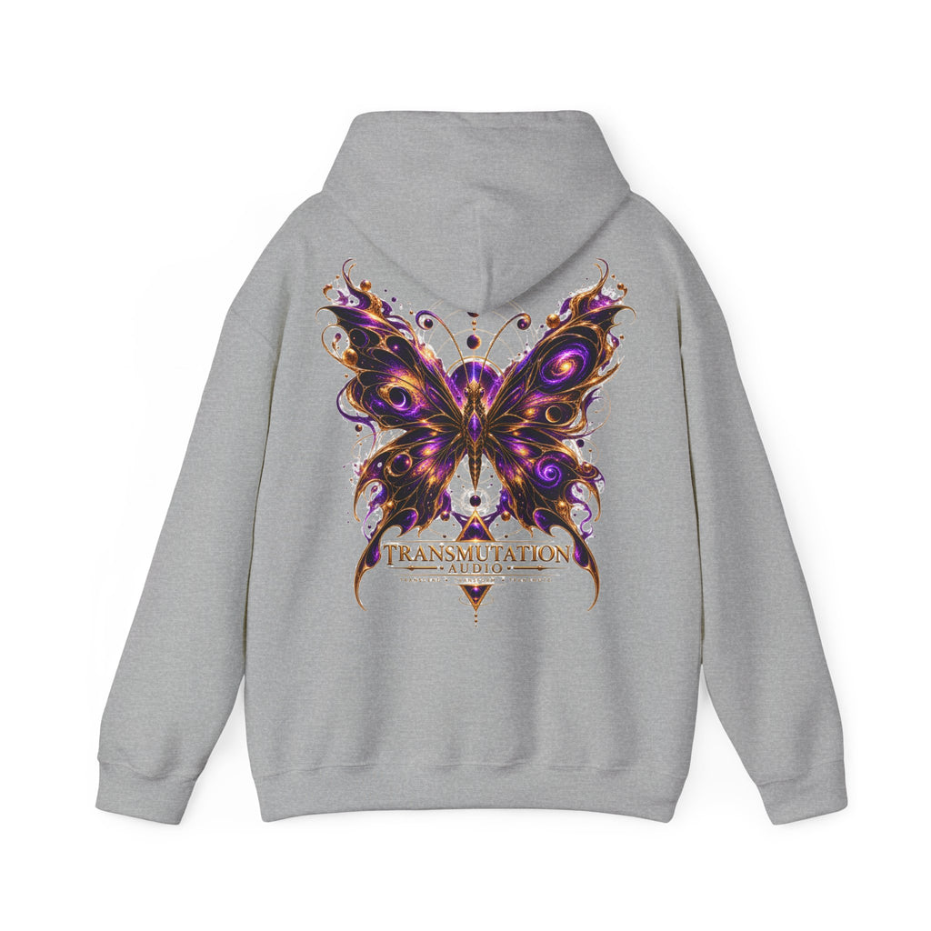 Transmutation Audio Butterfly Hoodie — Psychedelic Purple Metamorphosis Sweatshirt